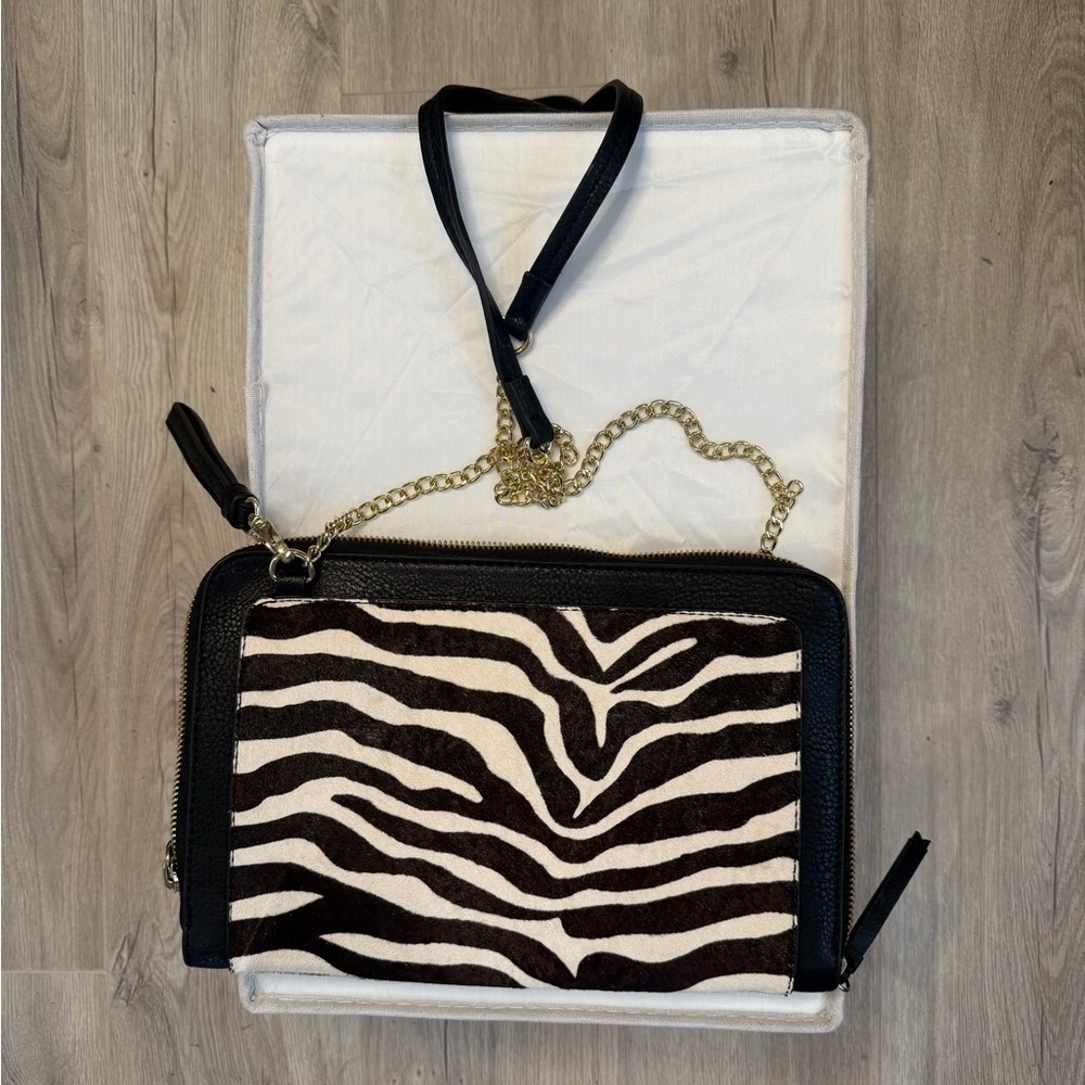 NWOT Kate Landry Zebra Faux Fur Black Clutch with Gold crossbody Hardware